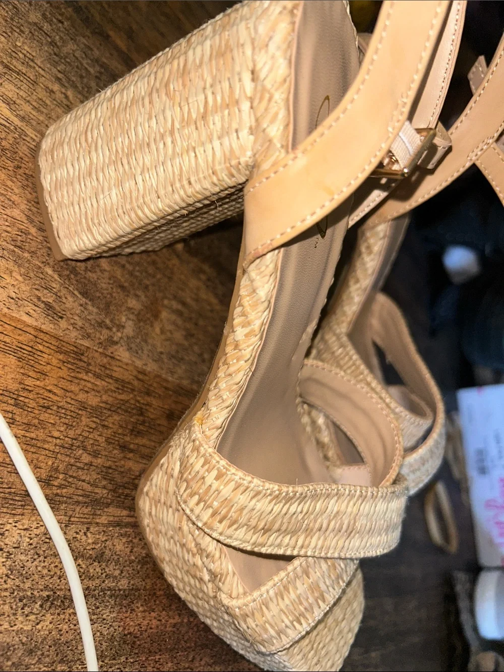 Woven Espadrille Platform Sandals in Beige with Ankle Strap